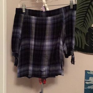 blue flannel off the shoulder top